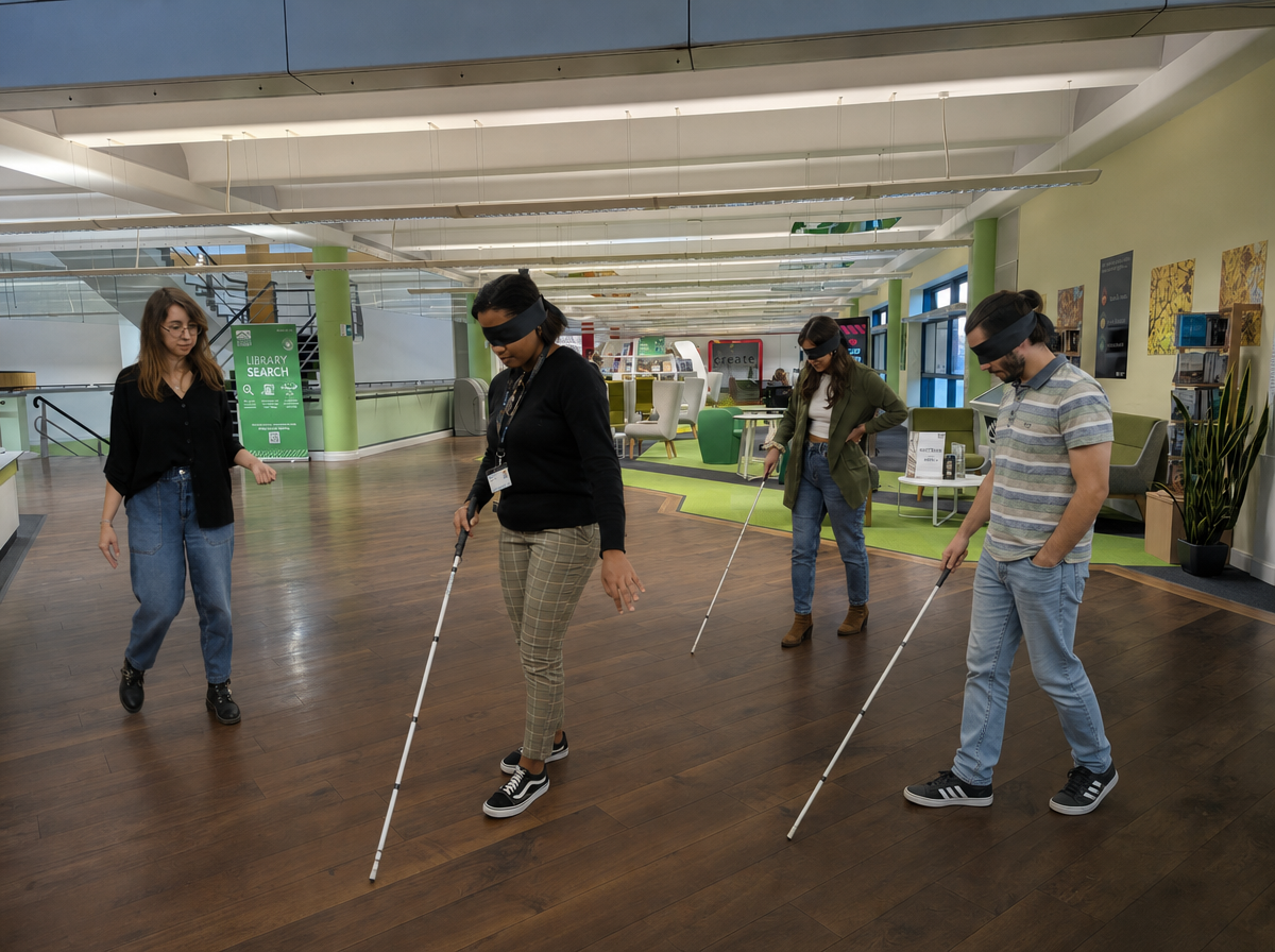 Students crossing a public interior blindfolded using white canes