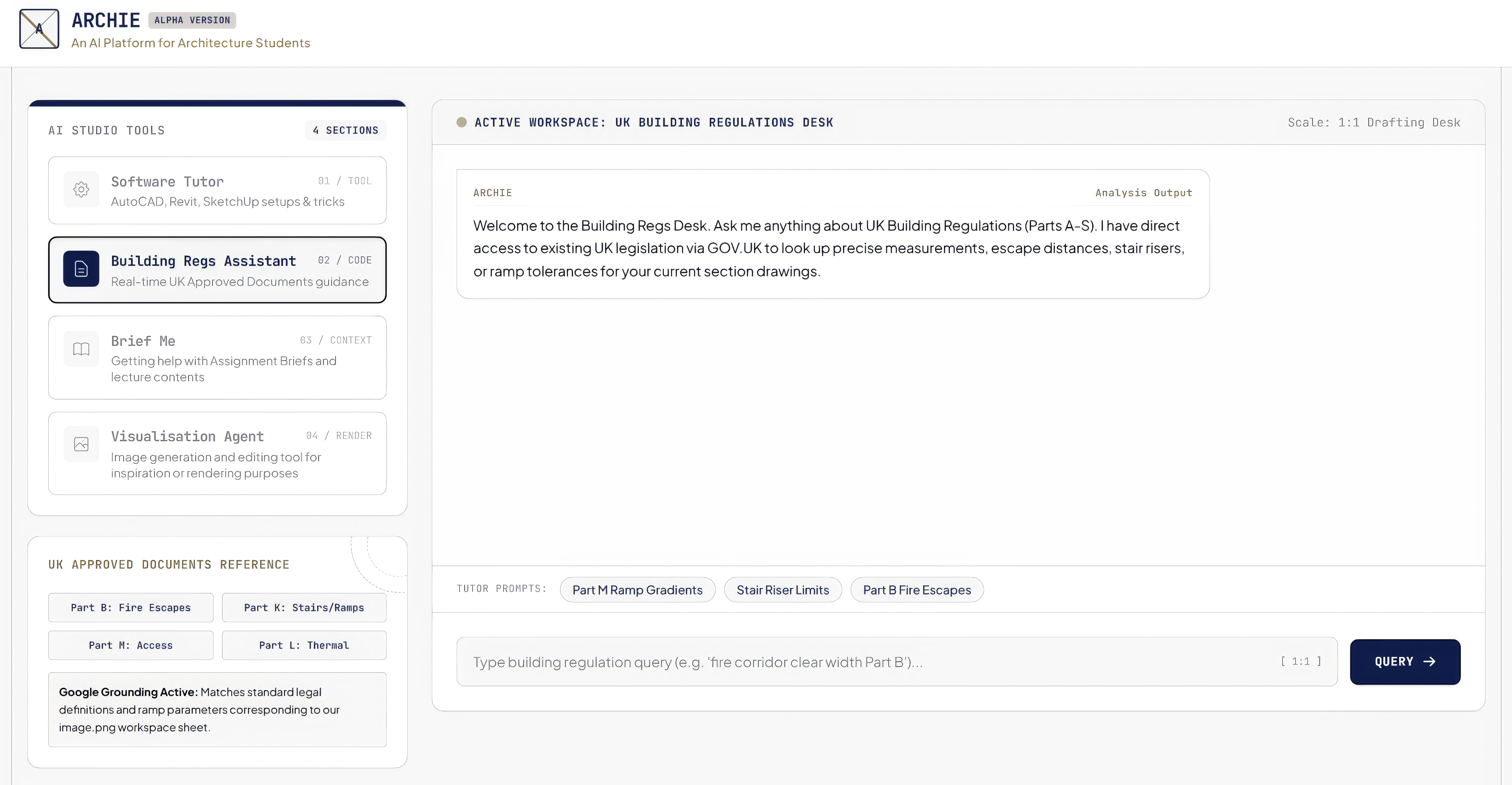 ARCHIE — AI platform for architecture students with four specialised workspaces