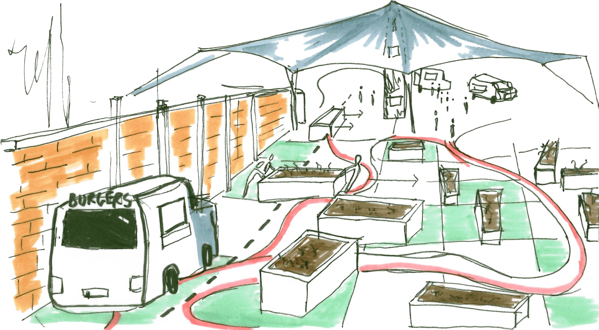 Concept axonometric showing the tensile canopy, food traders, and raised growing beds