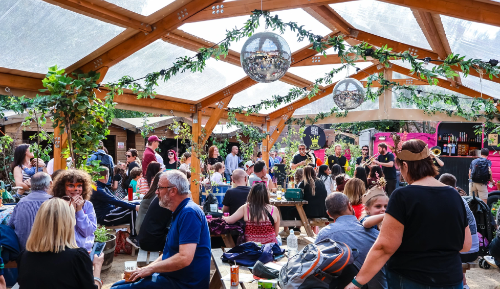 Pavilion configured for a public event with live music