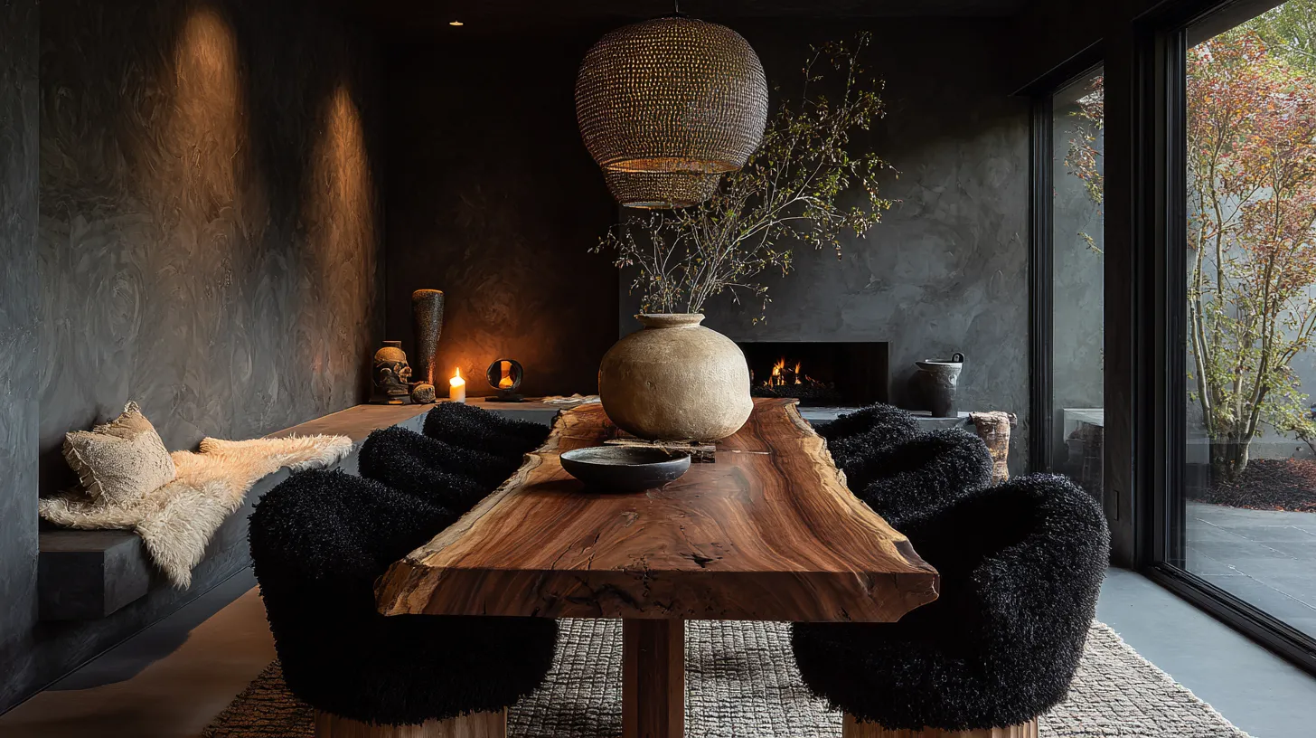 Style transfer reference interior: tactile dark dining space