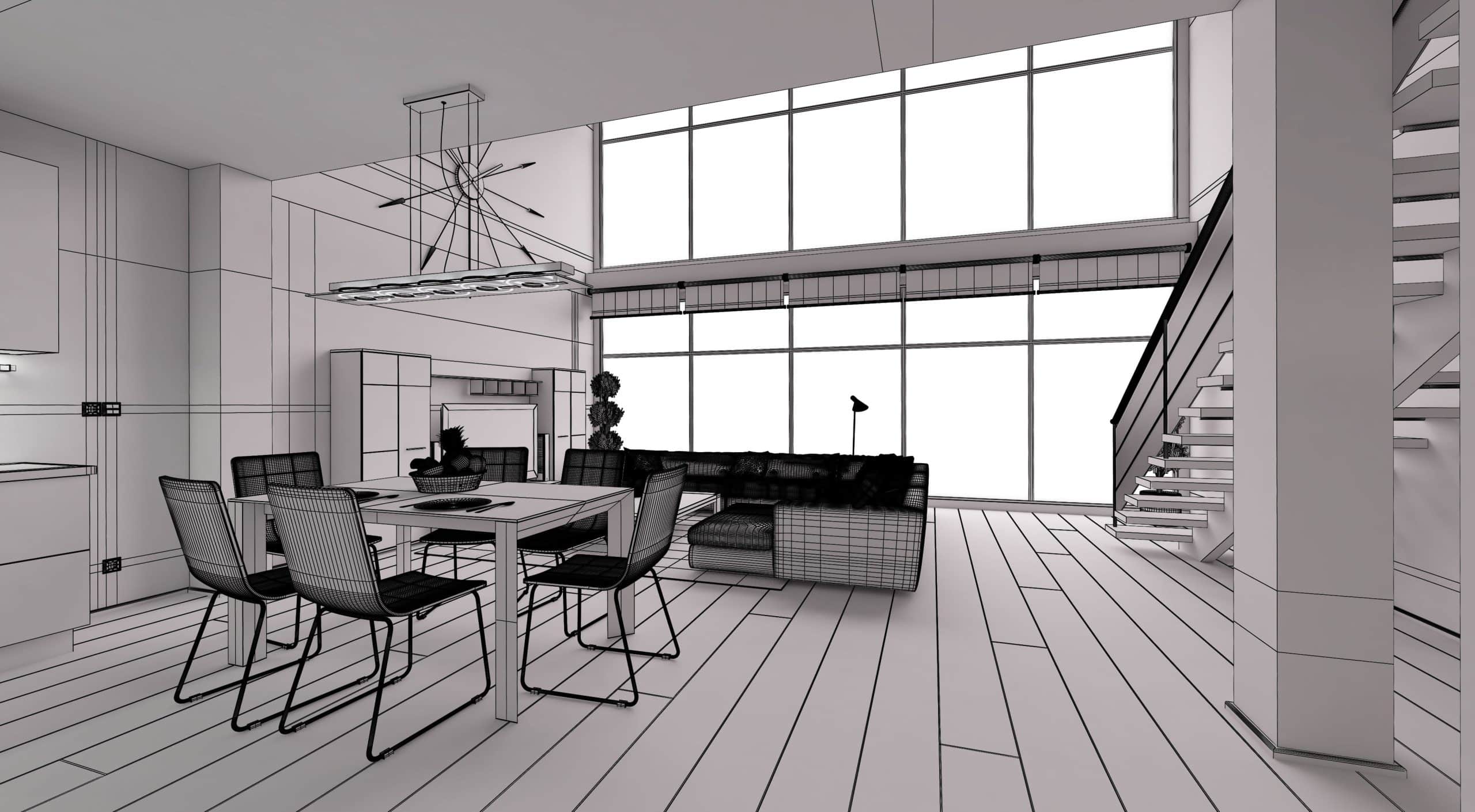 Style transfer base model: open-plan living and dining mezzanine loft