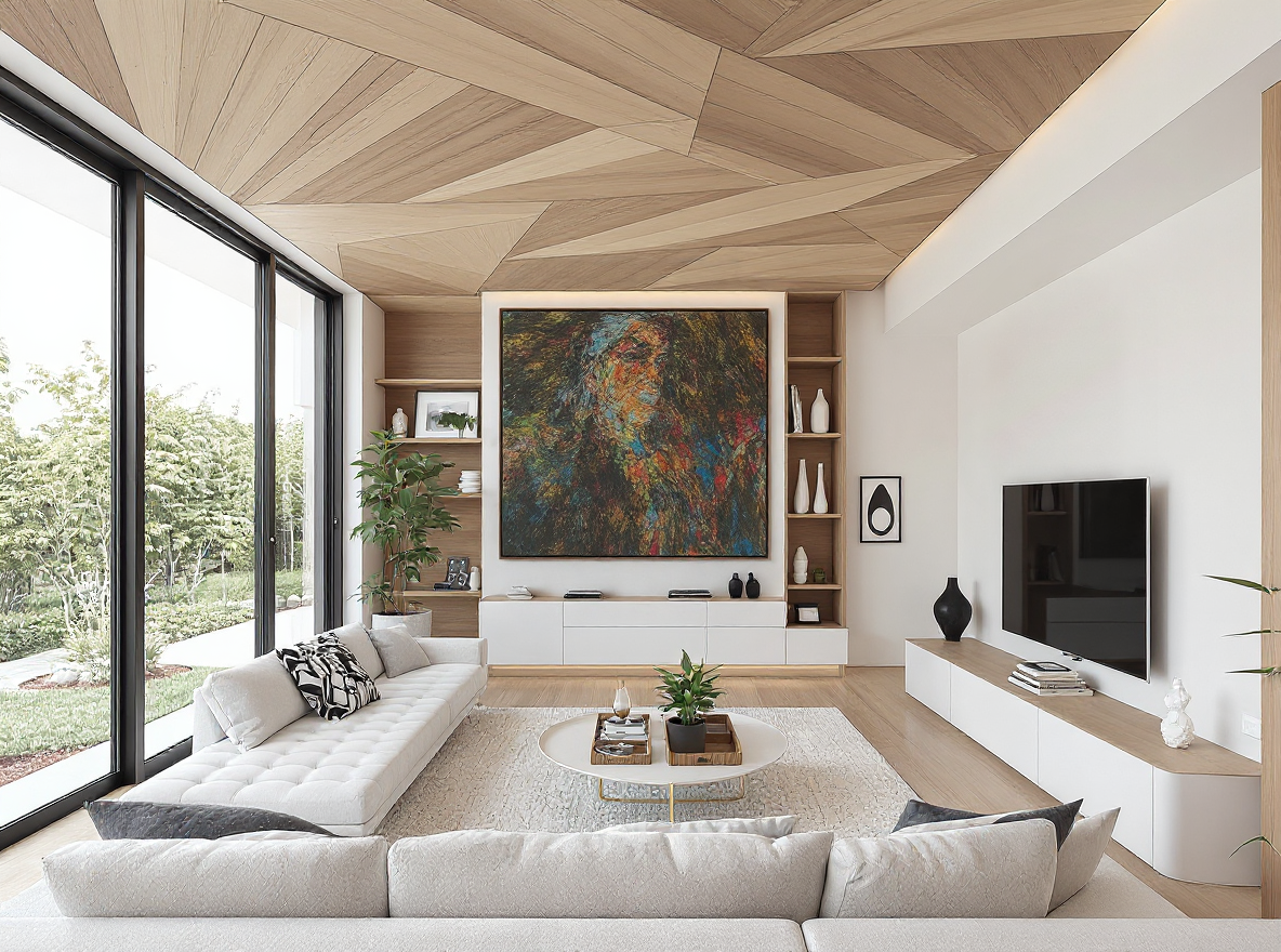 Inpainting base interior: bright timber ceiling living room